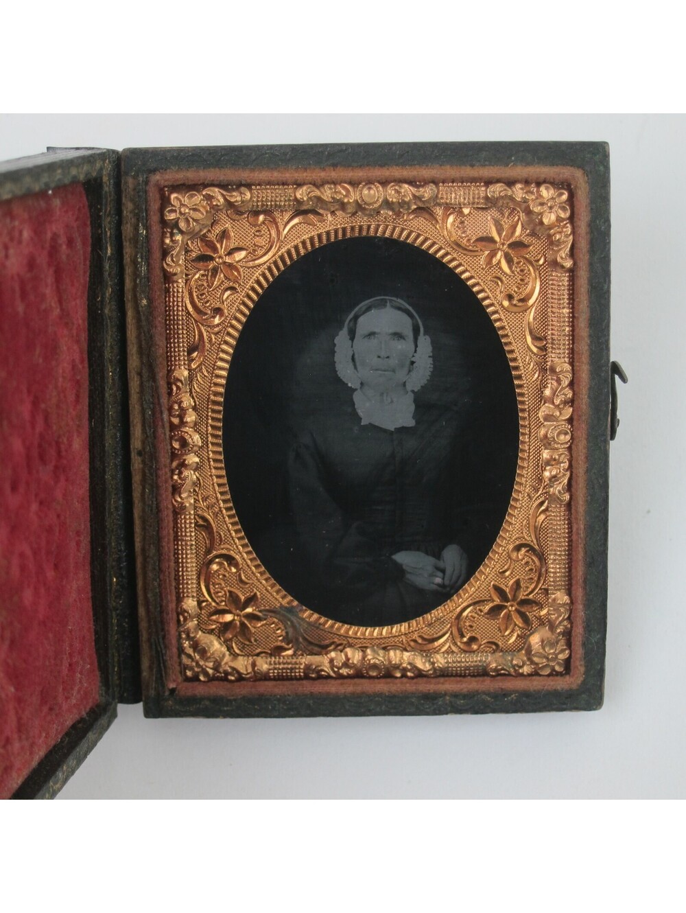 Ambrotype Photo Woman Sits Chair Hair Bonnet Union Case Gold Frame Antique 1850s